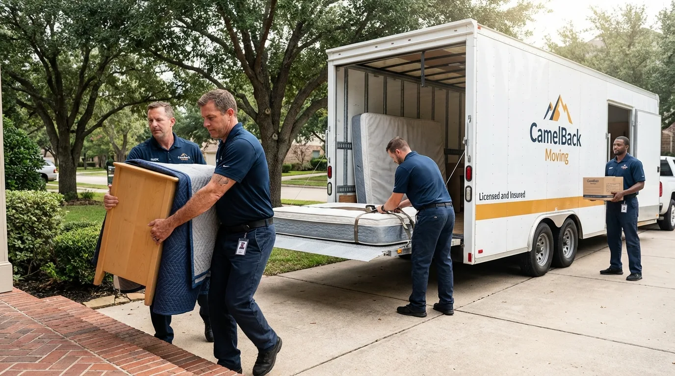 Crew loading residential truck for cross-state move from Jennings, LA