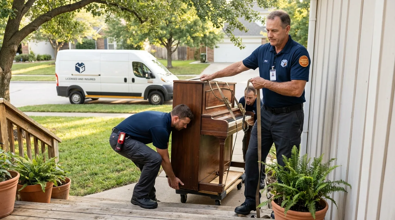 Licensed piano movers securing grand piano in Jennings, LA