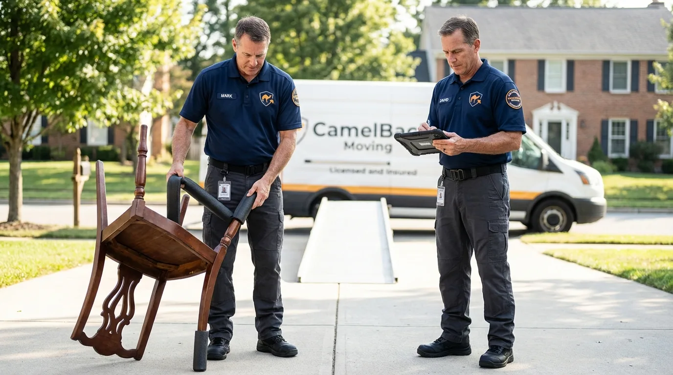 Movers inspecting furniture for damage prevention before loading in Jennings, LA