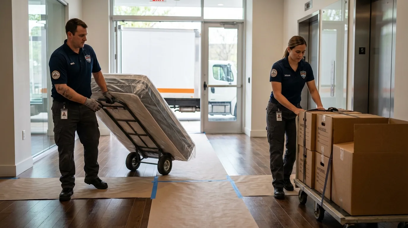 Professional apartment movers loading elevator in Jennings, LA