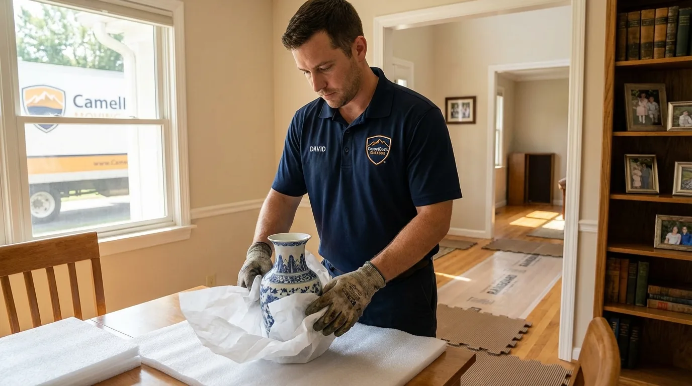 Professional crew carefully wrapping antique vase for senior downsizing move in Jennings, LA