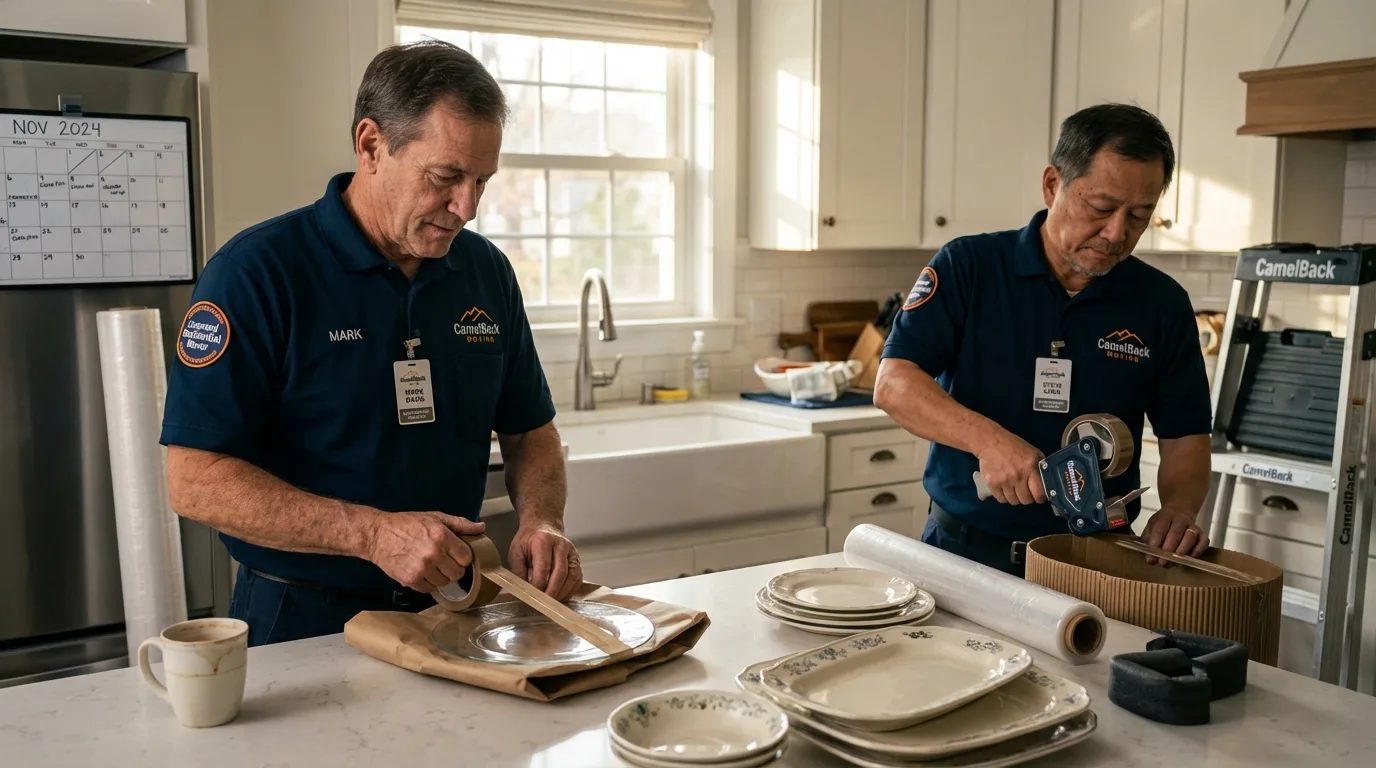 Professional crew packing kitchen dishware in Jennings, LA